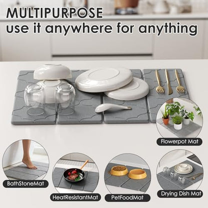 3 PCS Large Stone Dish Drying Mat for Kitchen Counter -24"x16" Absorbent Diatomaceous Earth Mat with Stone Faucet Mat & Soap Tray - Quick Dry, Collapsible, Non-Slip Countertop Organizer - color: Lantern carved patterns