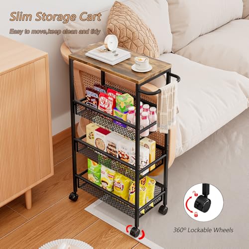 AZERPIAN Slim Rolling Cart 4 Tier Narrow Storage Cart on Wheels with MDF Board Top and Metal Handle for Small Space Kitchen Living Room Bathroom Laundry Room (16.38 x 9.06 x 30.31inch) - size: 16.38 x 9.06 x 30.31 inch