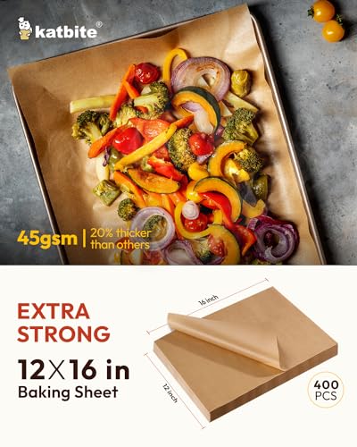 Katbite 400PCS Unbleached Parchment Paper Sheets, 12 x 16 IN Pre-Cut Baking Parchment, Extra Strong, Heavy Duty Non-Stick Baking Paper for Half Sheet Cookie Bread Cake Pans, Grilling Meat Pizza,Oven - color: 12"x16"-400