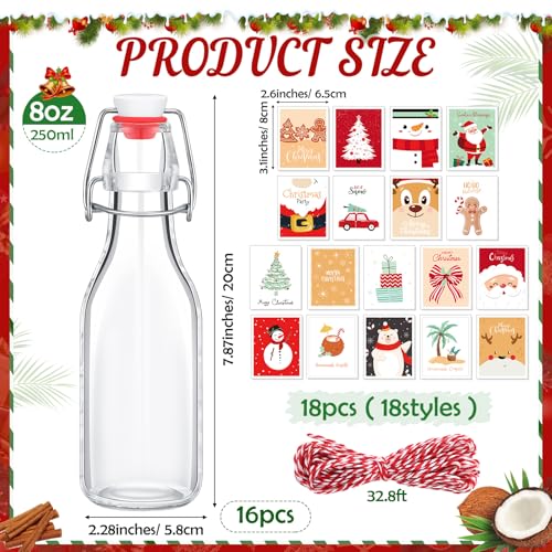 Havawish 16 Pcs Merry Christmas 8 oz Coquito Swing Top Glass Bottles with Airtight Cap Lids Labels Clear Flip Top Bottles with Stoppers for Homemade Christmas Home Brewing Beer Beverages(Cute) - style: Cute