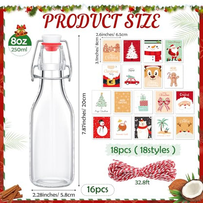 Havawish 16 Pcs Merry Christmas 8 oz Coquito Swing Top Glass Bottles with Airtight Cap Lids Labels Clear Flip Top Bottles with Stoppers for Homemade Christmas Home Brewing Beer Beverages(Cute) - style: Cute