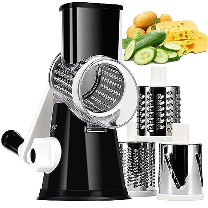 KEOUKE Rotary Cheese Grater Hand Crank Black - Shredder Slicer Grinder 3 Stainless Steel Blades, Stable Suction, Labor-Saving Handle, Safe Kitchen Tool for Cheese, Vegetable, Nuts, Chocolate