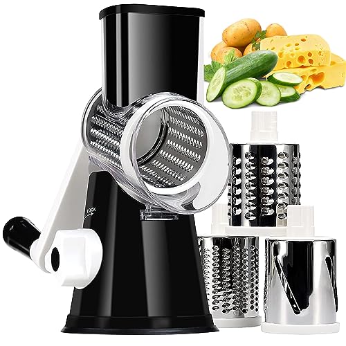 KEOUKE Rotary Cheese Grater Hand Crank Black - Shredder Slicer Grinder 3 Stainless Steel Blades, Stable Suction, Labor-Saving Handle, Safe Kitchen Tool for Cheese, Vegetable, Nuts, Chocolate