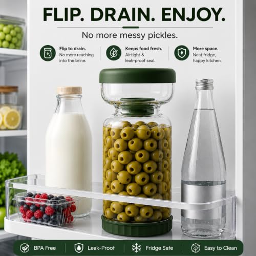 Neoflam Pickle Jar with Flip Strainer, 37 oz Glass Pickle Container for Olives, Jalapeños & Kimchi, Hourglass Juice Separator, Airtight Leak-Proof Food Storage, BPA-Free Wide Mouth Jar