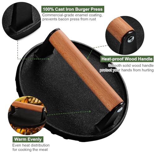 EWFEN Burger Press, 7" Round Heavy-Duty Cast Iron Smash Bacon Press Meat Steak with Wood Handle for Griddle, Sandwich, Nonstick Pan - size: Round