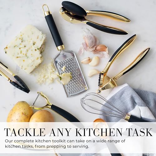 Black and Gold Kitchen Utensils - Luxe 8-Piece Gold Kitchen Tools Set with Can Opener, Pizza Cutter, Peeler, Mini Whisk, and Tongs - Stylish Accessories for Modern Cooking and Ideal for Gifting - color: 8 PC Black & Gold