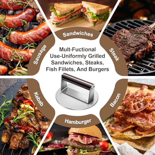 Stainless Steel Burger Press, 6.3" NonStick Hamburger Smasher Tool & Grill Press, 1.32lbs Grill Press with Wood Handle for Blackstone Camp Chef Pitboss Weber Griddle Grills(Round) - size: 6.3inch