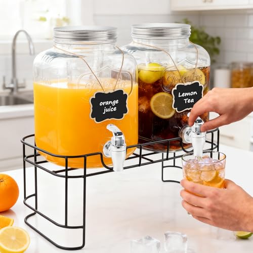 1.5 Gallon Glass Drink Dispensers For Parties-Set of 2,Drink Dispenser with Fruit Infuser & Stand,Juice or Beverage Dispenser for BBQ, Picnic, Party,Water Dispenser Laundry Detergent Dispenser - size: 1.5 Gallon Double With Stand