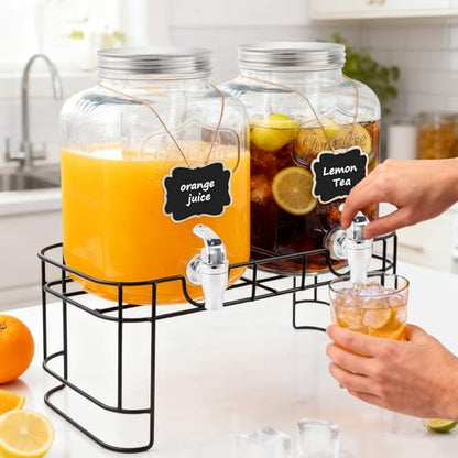 1.5 Gallon Glass Drink Dispensers For Parties-Set of 2,Drink Dispenser with Fruit Infuser & Stand,Juice or Beverage Dispenser for BBQ, Picnic, Party,Water Dispenser Laundry Detergent Dispenser - size: 1.5 Gallon Double With Stand