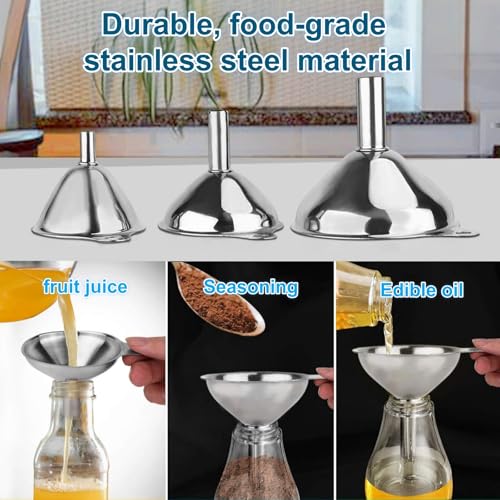 3Pcs Stainless Steel Funnel Set (Large/Medium/Small) – Food Grade Metal Kitchen Funnels for Transferring Essential Oils/Liquid/Spice/Powder, Durable and Dishwasher Safe