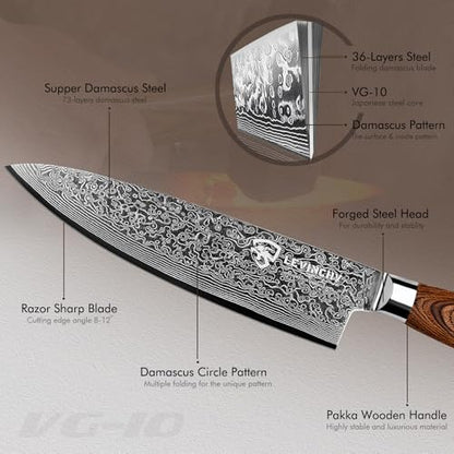 Damascus Chef's Knife 8 inch Professional Handmade Damascus Stainless Steel Kitchen Knife, Superb Edge Retention, Stain & Corrosion Resistant, Ergonomic PAKKA Wood Handle - color: 8" Damascus Professional Chef Knife