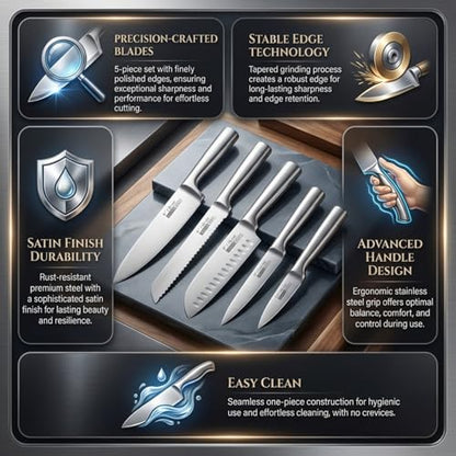 KOFERY 5-Piece Seamless Stainless Steel Knife Set (No Block Included) | Heavy Duty One Piece Design, Full Metal Handle, Professional Kitchen Knives, for Culinary Students, Rv Use, Easy Cleaning