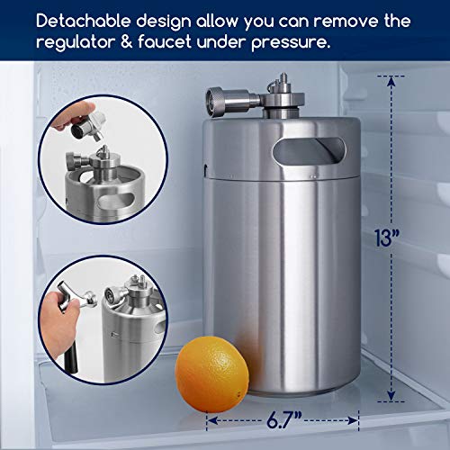 TMCRAFT 128OZ Double-Walled Mini Keg Growler, Pressurized Home Beer Dispenser System with Detachable Faucet and Regulator Keep Fresh and Carbonation for Craft Beer Draft/Homebrew
