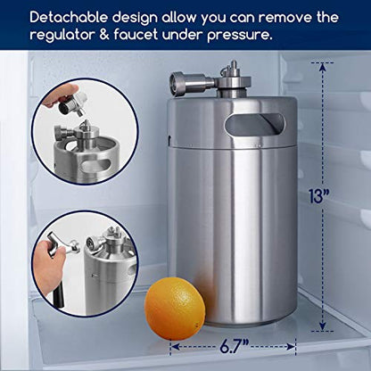 TMCRAFT 128OZ Double-Walled Mini Keg Growler, Pressurized Home Beer Dispenser System with Detachable Faucet and Regulator Keep Fresh and Carbonation for Craft Beer Draft/Homebrew
