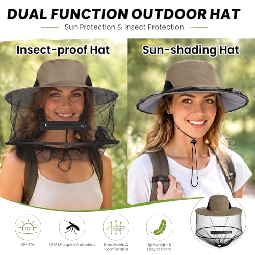 Sucrain Mosquito Head Net Hat Sun Hat Garden Bug Hat with Hidden Net Mesh for Outdoor Gardening Beekeeping - color: Hot Beige