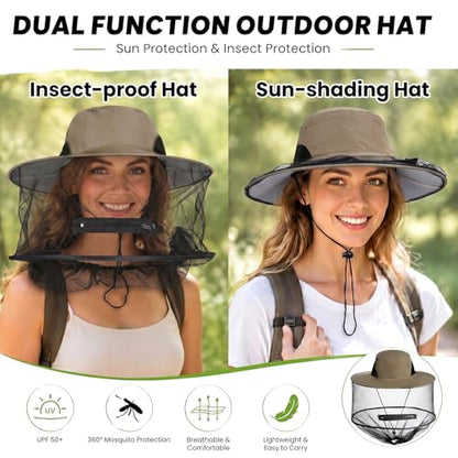Sucrain Mosquito Head Net Hat Sun Hat Garden Bug Hat with Hidden Net Mesh for Outdoor Gardening Beekeeping - color: Hot Beige