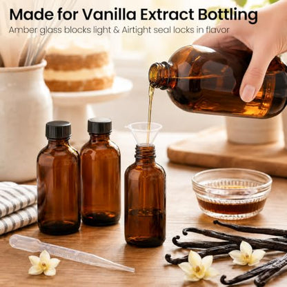 TBWIND 54 Pack 4oz Amber Glass Boston Round Bottles with Airtight Caps | Refillable Glass Bottles for Vanilla Extract, Homemade Liquids, Syrups, Oils & DIY Crafting with Droppers, Labels & Funnels - size: 4oz