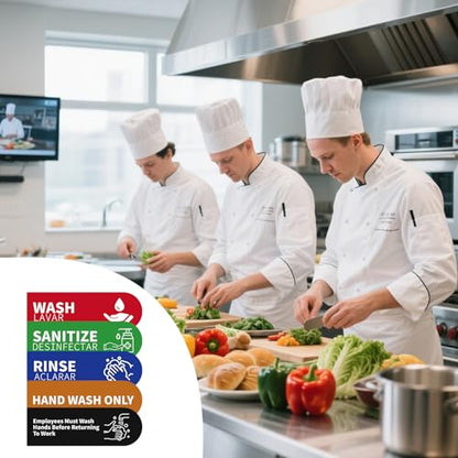 5pcs Wash Rinse Sanitize Sink Labels, 9x3in Waterproof Hand Washing Stickers for 3 Compartment Sinks for Commercial Kitchens Restaurants Food Trucks & Dishwashing Stations