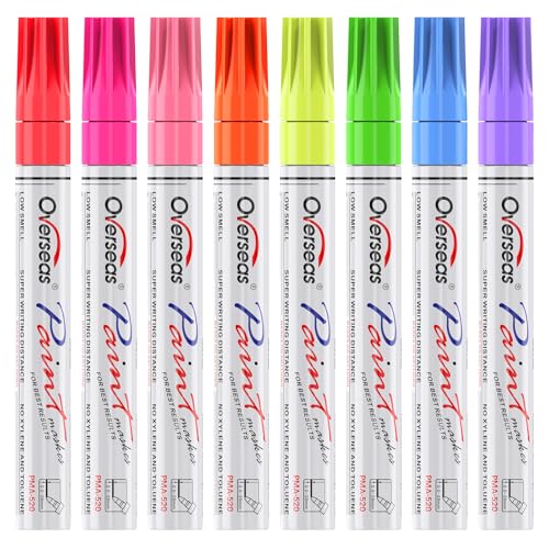 Overseas Neon Fluorescent Paint Markers, 8 Colors Oil Based Paint Pens | Medium Tip, Waterproof, Fade Resistant, UV Reactive Neon Markers for Glass, Plastic, Rock, Wood, Metal, Rubber, Pumpkin