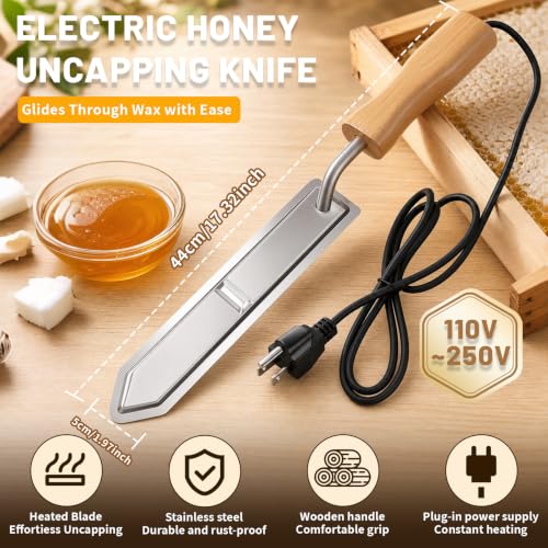 Electric Honey Uncapping Knife, Heated Beekeeping Knife with 10 Inch Stainless Steel Serrated Blade, Fast Heating Honeycomb Cutter Scraper with Wooden Handle for Bee Hive Honey Harvesting
