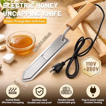 Electric Honey Uncapping Knife, Heated Beekeeping Knife with 10 Inch Stainless Steel Serrated Blade, Fast Heating Honeycomb Cutter Scraper with Wooden Handle for Bee Hive Honey Harvesting