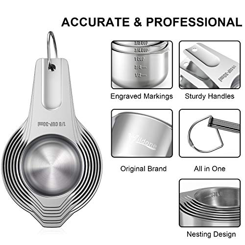 Measuring Cups and Magnetic Measuring Spoons Set, Wildone Stainless Steel 7 Measuring Cups, 8 Double Sided Stackable Magnetic Measuring Spoons, 1 Leveler & 5 Mini Spoons - 21 Piece - color: Silver