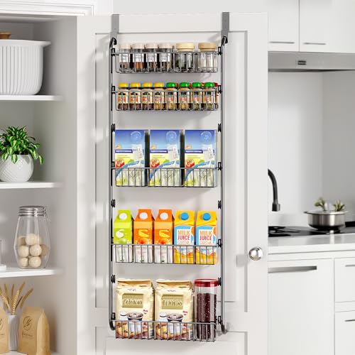 Delamu Over The Door Pantry Organizer, 5-Tier Pantry Door Organizers and Storage with Adjustable Basket, Metal Hanging Spice Rack, Seasoning Organizer, Door Organizer for Home Kitchen Bathroom, Black - color: Black, size: 5 Tier