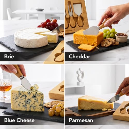 OVENTE 4 Piece Cheese Knife Set with Bamboo Handle & Wooden Case, Complete Stainless Steel Charcuterie Knives, Ideal Cheese Slicer, Spread & Butter Cutter for Party and Holiday Gift, Brown KCS5974B