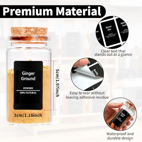 Spice Jar Labels - 275pcs Black Preprinted Waterproof Stickers for Pantry Organization for Kitchen Jars Caps Food Containers Spice Organizers