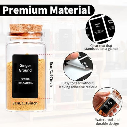 Spice Jar Labels - 275pcs Black Preprinted Waterproof Stickers for Pantry Organization for Kitchen Jars Caps Food Containers Spice Organizers