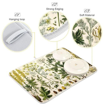 Kcldeci A Sheet Of Antique Botanical Dish Drying Mat Kitchen Drying Pad Dish Draining Mat Dish Rack Drainer Pad 16 x 18 - color: Botanical, size: 16x18in