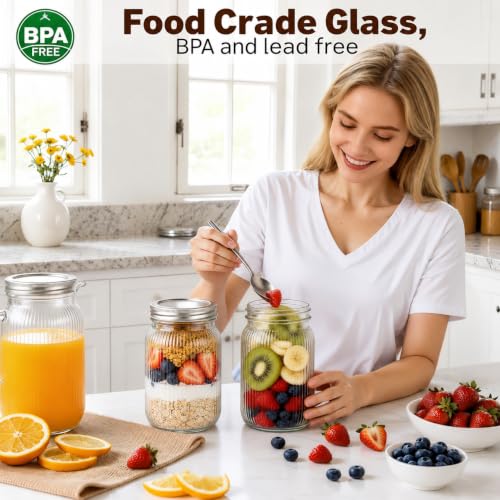 SUT Clear Wide Mouth Mason Jars 32 oz,9 Pack Quart Mason Jars With Airtight lids and Bands,Canning Jars 32 oz for Preserving,Meal Prep,Overnight Oats,Fermenting - color: Stripe