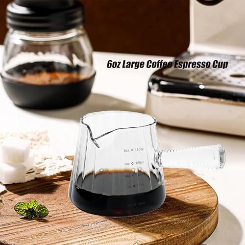 FANTESTICRYAN 6OZ Measuring Cup, Ribbed Borosilicate Glass Espresso Cup, V-Shaped Spout Drain Espresso Double Shots, Coffee Milk Tea Accessories (Clear, Glass Handle) - style: Clear Class