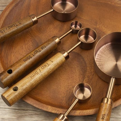 Measuring Cups and Spoons Set of 8, Stainless Steel Measuring Cup with Wooden Handle, Kitchen/Food/Liquid/Baking (Copper) - color: Copper