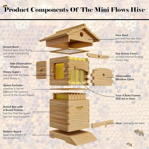 Beehive Starter Kit, Complete Bee Box with Observation Window & Honey Spout,Beekeeping Supplies, Self-Flow Hive Beehive Starter Kit, for Beekeeping Includes Carpenter Bee House
