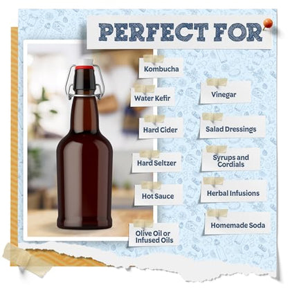 Fermentaholics 6 Pack Glass Swing Top Bottles | Flip Top Lids | Airtight, High-Pressure Tops For Bottling & Secondary Fermentation of Kombucha, Kefir, Beer, Storage, and More (Brown Bottles)