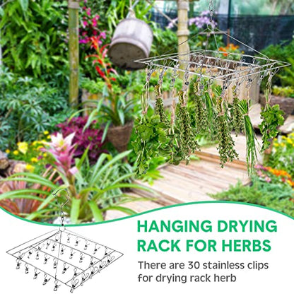 4Pcs Hanging Drying Rack for Herb with 30 Stainless Steel Clip Dryer Hook | Space Saving, for Fresh Herb, Flower Bud, Plants, Culinary Dry Rack, Clothes Laundry - style: Square