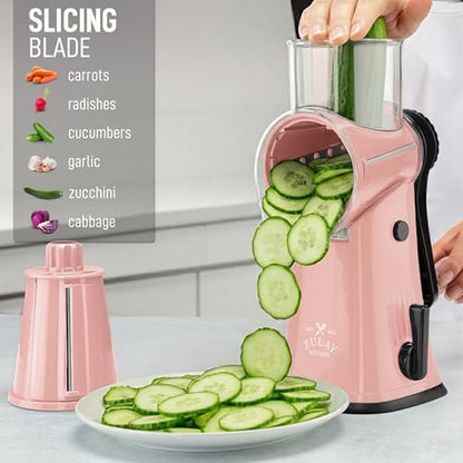 Zulay Kitchen Rotary Cheese Grater 5 Blade Cheese Shredder - Manual Hand Crank Cheese Grater With Reinforced Suction & 5 Interchangeable Drums - Easy to Use, Vegetable Chopper Round Mandoline Slicer - color: Peach & Black