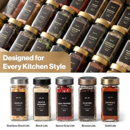 EDELHAUS Glass Spice Jars with Label, 24x Gold Stainless Steel Lids | Airtight lids keep spices fresh; use as a spice organizer, seasoning containers or 4 oz jar set; funnel, brush & 240 labels - color: Gold Steel Lid