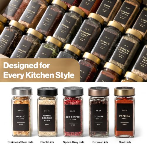 EDELHAUS Glass Spice Jars with Label, 24x Gold Stainless Steel Lids | Airtight Lids keep spices fresh, Kitchen Spice Drawer Organizer, 4oz Seasoning Containers incl. Funnel, Brush & 240 Labels - color: Gold Steel Lid