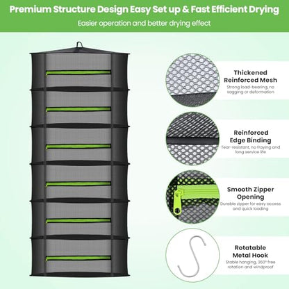 MEKOLIFE Herb Drying Rack with Mesh Design, Hanging Drying Rack with Green Zipper & Garden Pruning Shears – Versatile Plant Drying Solution (6 Layers) - size: 6 Layers