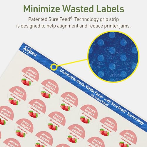 Avery Dissolvable Round Labels, Sure Feed Technology, 1" Diameter, Matte White, Print-to-The-Edge, Laser/Inkjet Printable, 1200 Labels Total - style: 1,200 labels