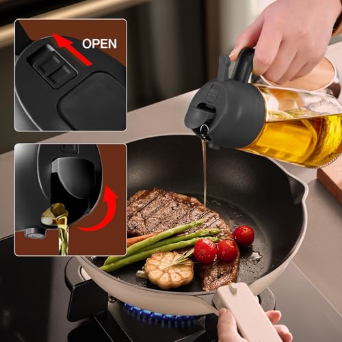 YARRAMATE 2Pcs 16oz/470ml Olive Oil Dispenser, Food-grade 2 in 1 Oil Glass Sprayer for Cooking, Kitchen, Air Fryer, Salad, Frying, BBQ (Black) - color: 16_2Pcs Black