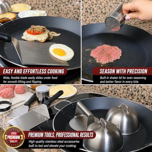 Gamalou® 7 Pcs Smash Burger Press Kit: Stainless Steel Burger Smasher, 6x5" Spatula, 4" Scraper, 2 Melting Domes, Seasoning Shaker, Egg Ring, Griddle Accessories for Blackstone, Grill, Frying Pan