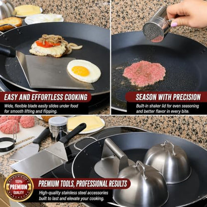 Gamalou® 7 Pcs Smash Burger Press Kit: Stainless Steel Burger Smasher, 6x5" Spatula, 4" Scraper, 2 Melting Domes, Seasoning Shaker, Egg Ring, Griddle Accessories for Blackstone, Grill, Frying Pan
