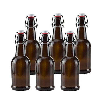 Ilyapa 16oz Amber Glass Beer Bottles for Home Brewing - 6 Pack with Airtight Rubber Seal Flip Caps - size: 6 pack