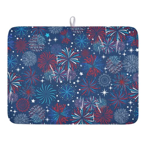 4th of July Patriotic Dish Drying Mat for Kitchen Counter 18 x 24 Inch Independence Day Dish Drainer Mat Absorbent Microfiber Firework Dish Rack Pad for Coffee Dining Bar Decor - color: Blue, size: 18" x 24"