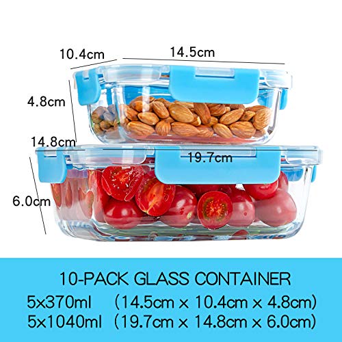 C CREST Glass Meal Prep Containers, [10 Pack] Glass Food Storage Containers with Lids, Airtight Bento Boxes, BPA Free & Leak Proof (10 Lids & 10 Containers) - color: Blue
