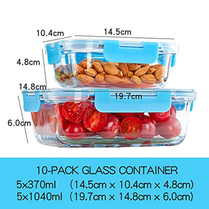 C CREST Glass Meal Prep Containers, [10 Pack] Glass Food Storage Containers with Lids, Airtight Bento Boxes, BPA Free & Leak Proof (10 Lids & 10 Containers) - color: Blue