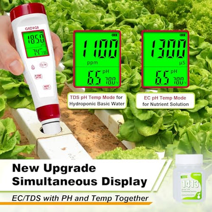 pH Meter for Hydroponic Water,Digital EC ppm Tester for Nutrients,pH TDS Reader 4 in 1 with 1413 μs/cm Calibration Solution,High-Sensitivity Backlit Display for Drinking Water,DWC,Indoor Plants - style: 4 in 1 pH Meter with Calibration Solution